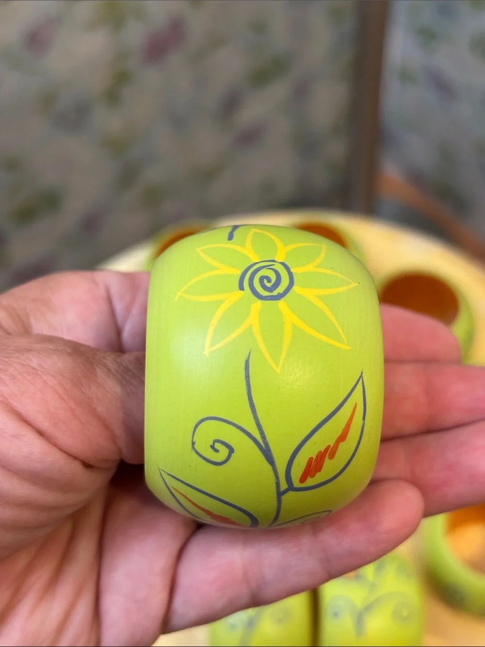 Vintage Folk Art Hand-Painted Lime Green Wooden Napkin Rings.